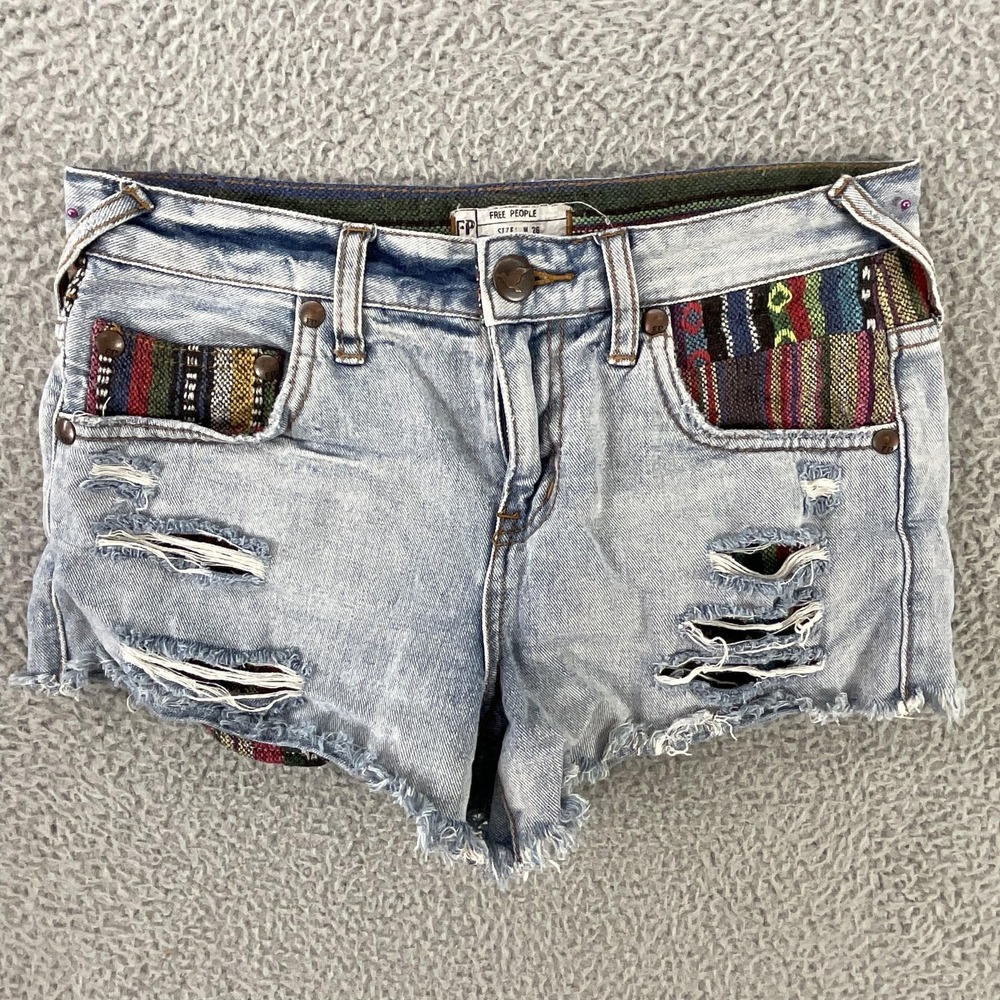 Free People Shorts Womens 26 Blue Denim Distressed Cutoff Raw Hem Boho Tribal
